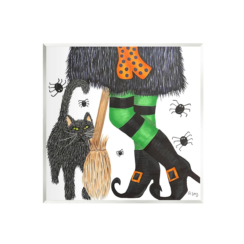 Stupell Industries Witch Broom Halloween Black Cat Wall Plaque Art
