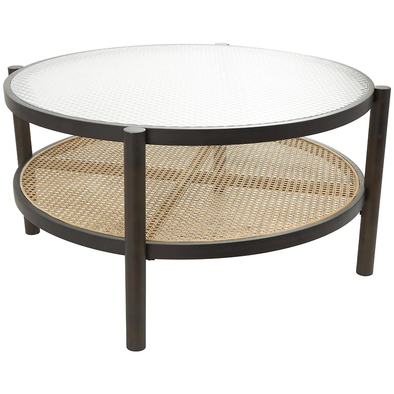 34" Brown Rattan Coffee Table with Pressed Tempered Glass Top