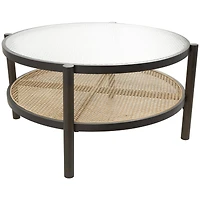 34" Brown Rattan Coffee Table with Pressed Tempered Glass Top