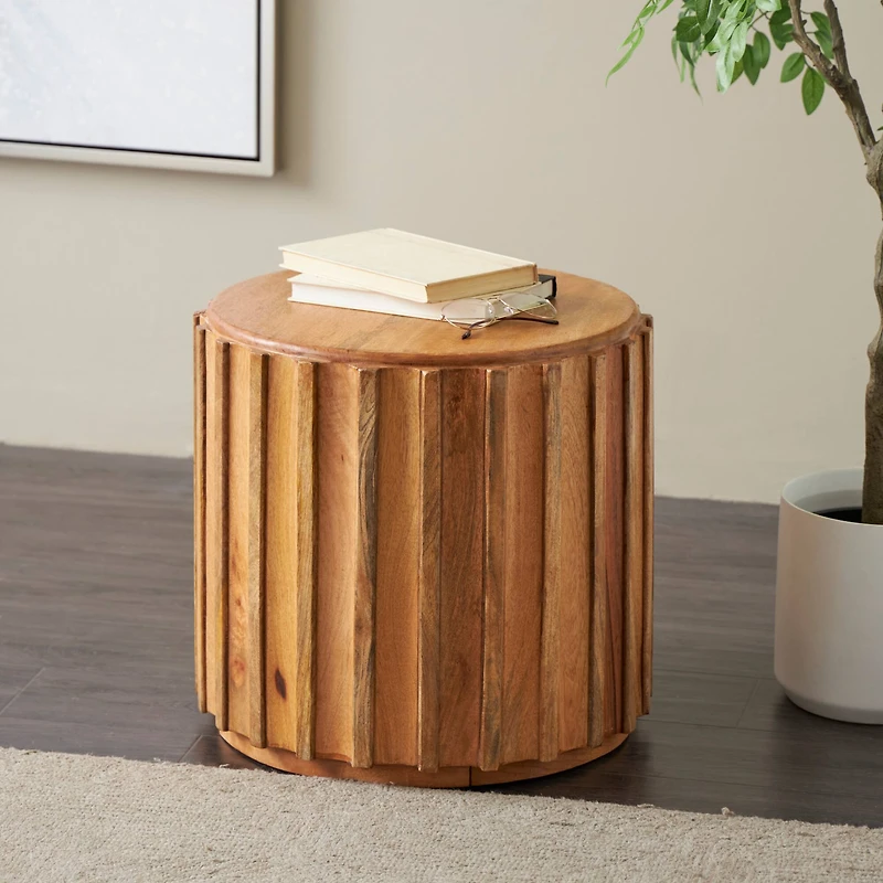 18.25" Brown Mango Wood Handmade Concaved Curve Drum Accent Table with Ridges