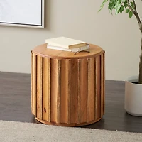 18.25" Brown Mango Wood Handmade Concaved Curve Drum Accent Table with Ridges