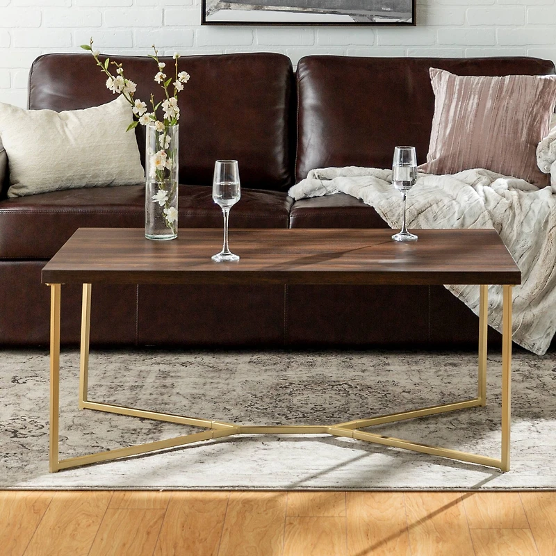 Luxe 42" Dark Walnut & Gold Y Leg Modern Glam Coffee Table