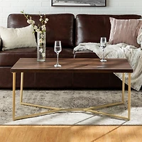 Luxe 42" Dark Walnut & Gold Y Leg Modern Glam Coffee Table
