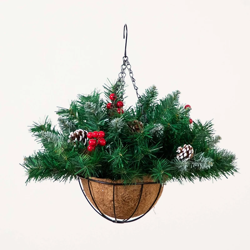 16" Artificial Pine & Berry Warm White LED Pre-Lit Hanging Basket