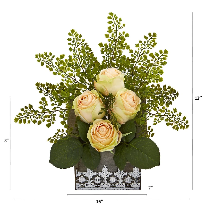 13" Rose & Maiden Hair Arrangement in Hanging Floral Design House Planter