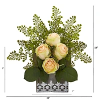 13" Rose & Maiden Hair Arrangement in Hanging Floral Design House Planter