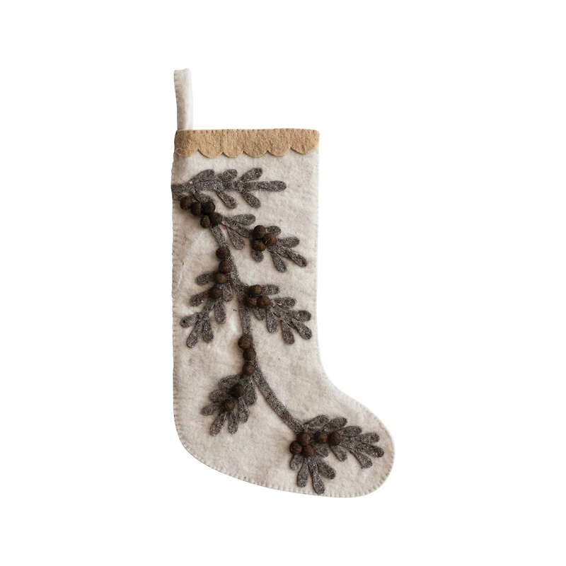 Hello Honey® 17" Handmade Wool Felt Stocking with Appliqued Branch, Pom Poms & Scalloped Trim