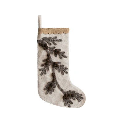 Hello Honey® 17" Handmade Wool Felt Stocking with Appliqued Branch, Pom Poms & Scalloped Trim