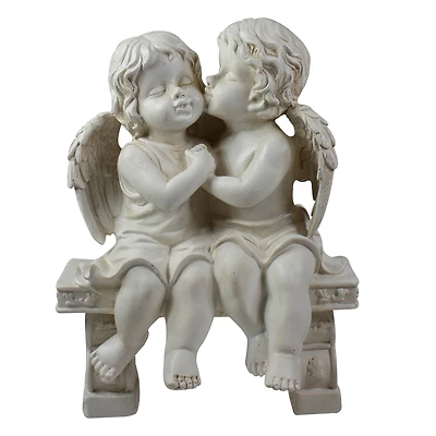 9.75" Kissing Cherubs Sitting on Bench Outdoor Garden Statue