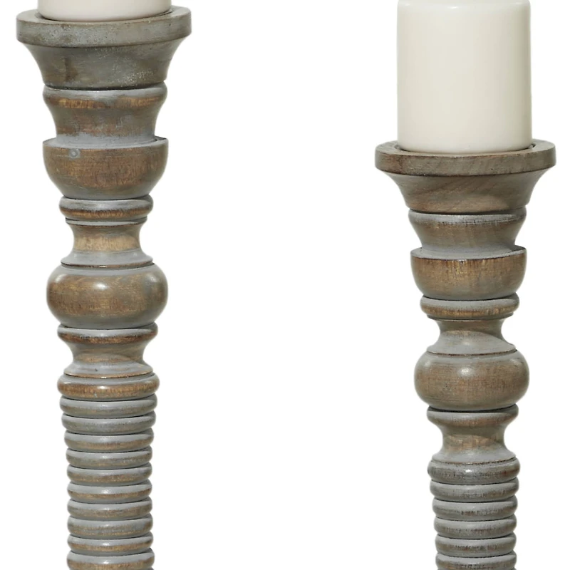 Light Gray Mango Wood Traditional Candle Holder Set