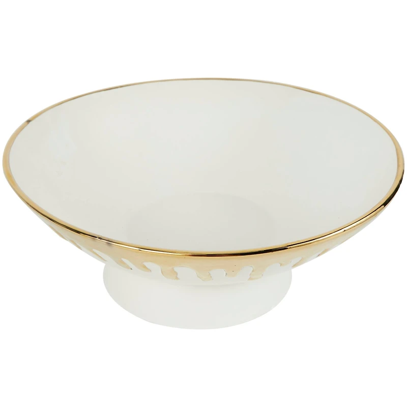 CosmoLiving by Cosmopolitan 15.5" Abstract White with Gold Melting Drips Ceramic Decorative Bowl