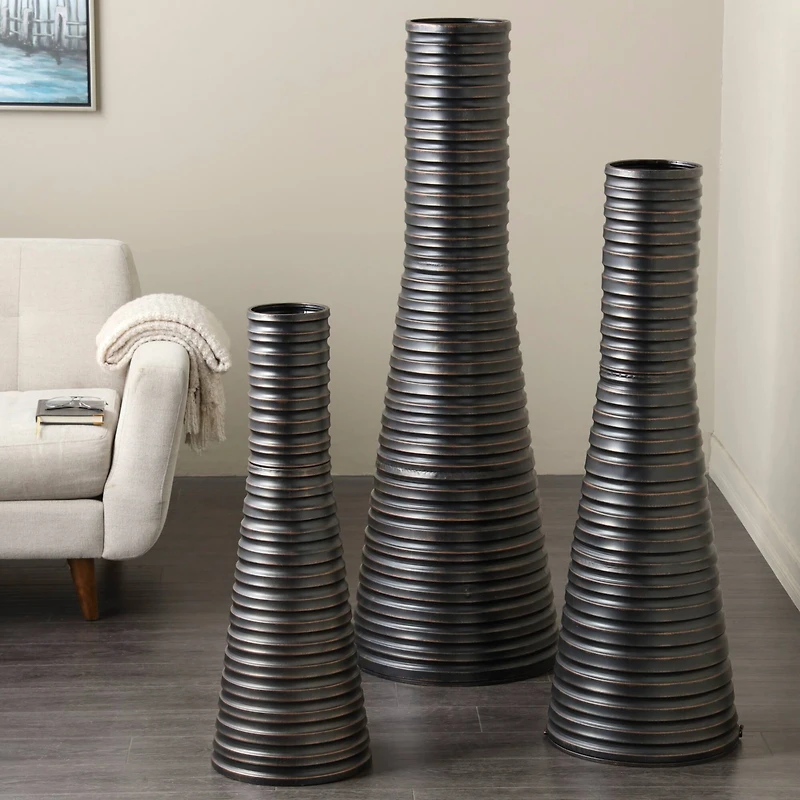 Bronze Ribbed Tall Cone Floor Vase with Horizontal Grooves Set