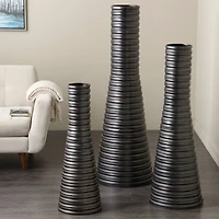 Bronze Ribbed Tall Cone Floor Vase with Horizontal Grooves Set