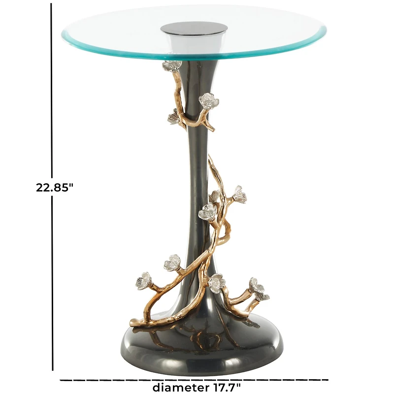 22.75" Black Aluminum Floral Twisted Vine Accent Table with Gold & Silver Accents & Glass Tabletop