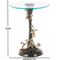 22.75" Black Aluminum Floral Twisted Vine Accent Table with Gold & Silver Accents & Glass Tabletop