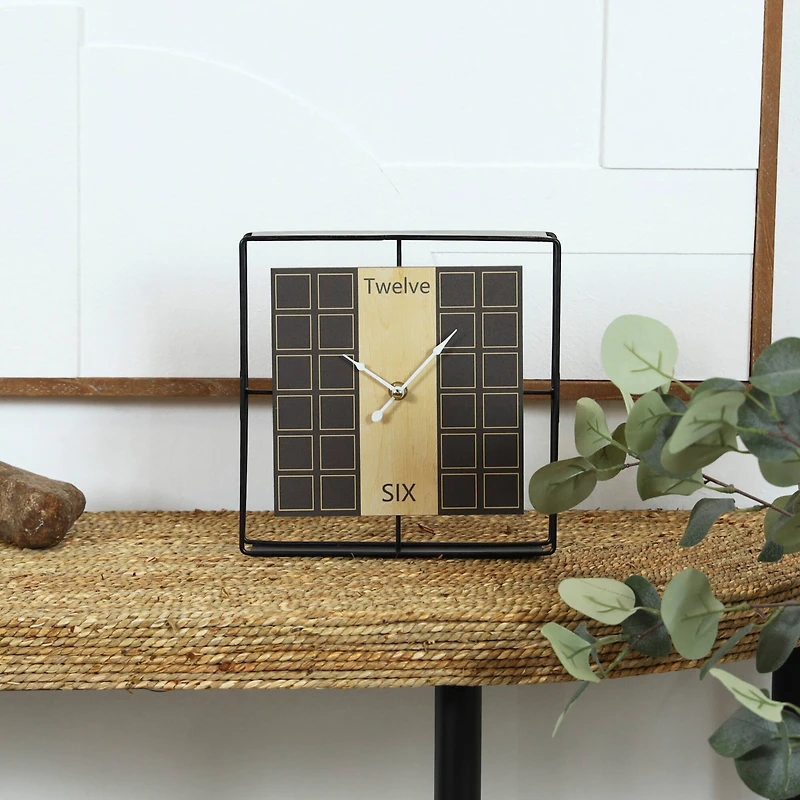 9" Black Geometric Open Frame Square Clock with Grid Pattern