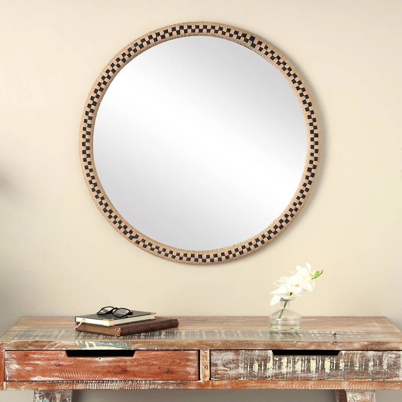Woven Checkered Rattan Framed Round Wall Mirror