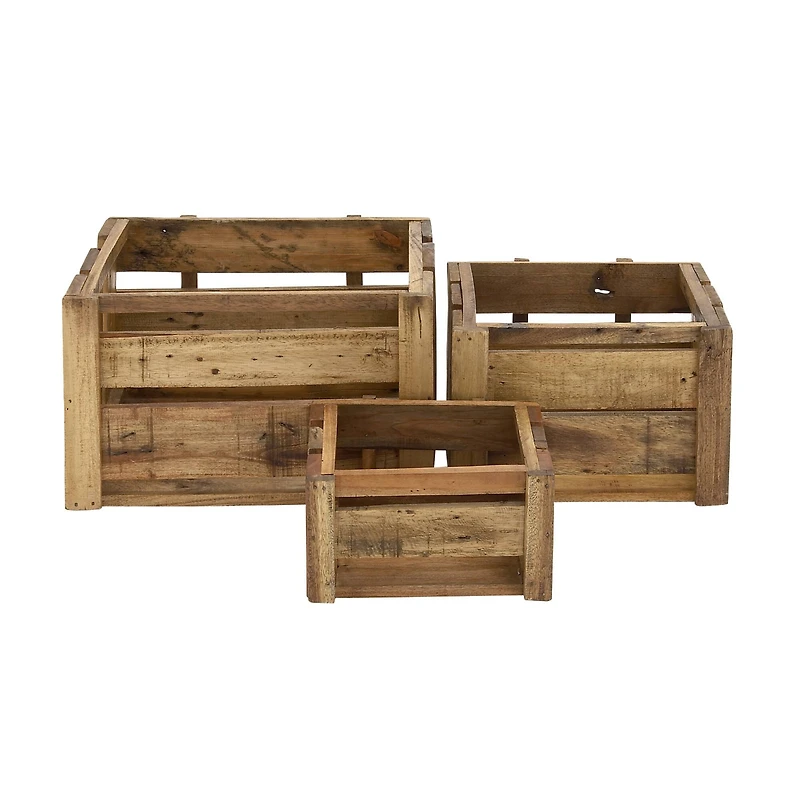 Set of 3 Brown Wood Farmhouse Storage Basket, 21", 16", 13"