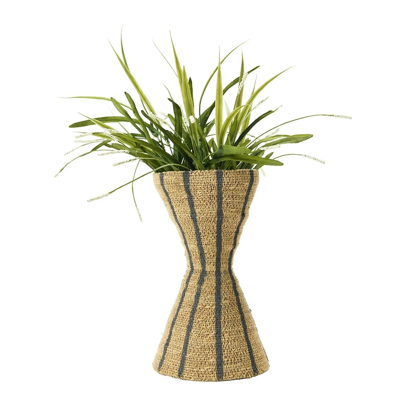 Hello Honey® 12" Natural & Black Hand-Woven Seagrass Hour Glass Shape Vase With Stripes