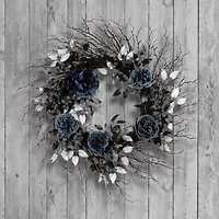 24" Halloween Moody Blue Rose & Twig Wreath