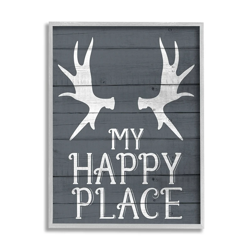Stupell Industries Rustic My Happy Place Large Elk Antlers in Gray Frame Wall Art