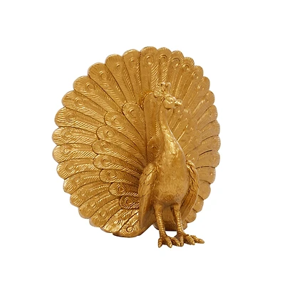 Gold Polystone Glam Peacock Sculpture, 12" x 12" x 5"