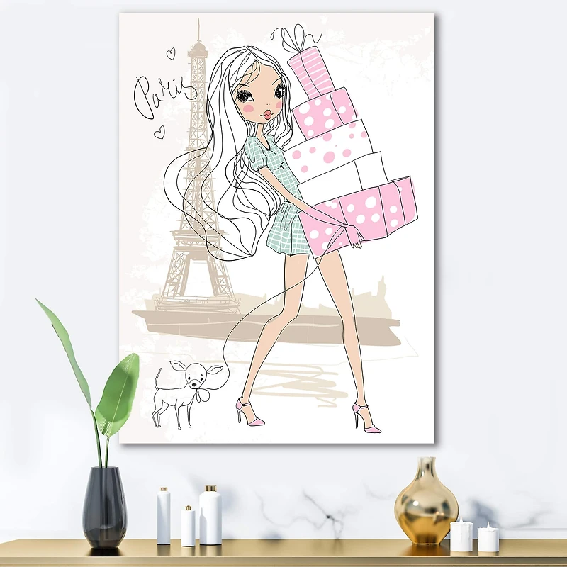 Designart - Young Girl With Shopping Boxes In Paris