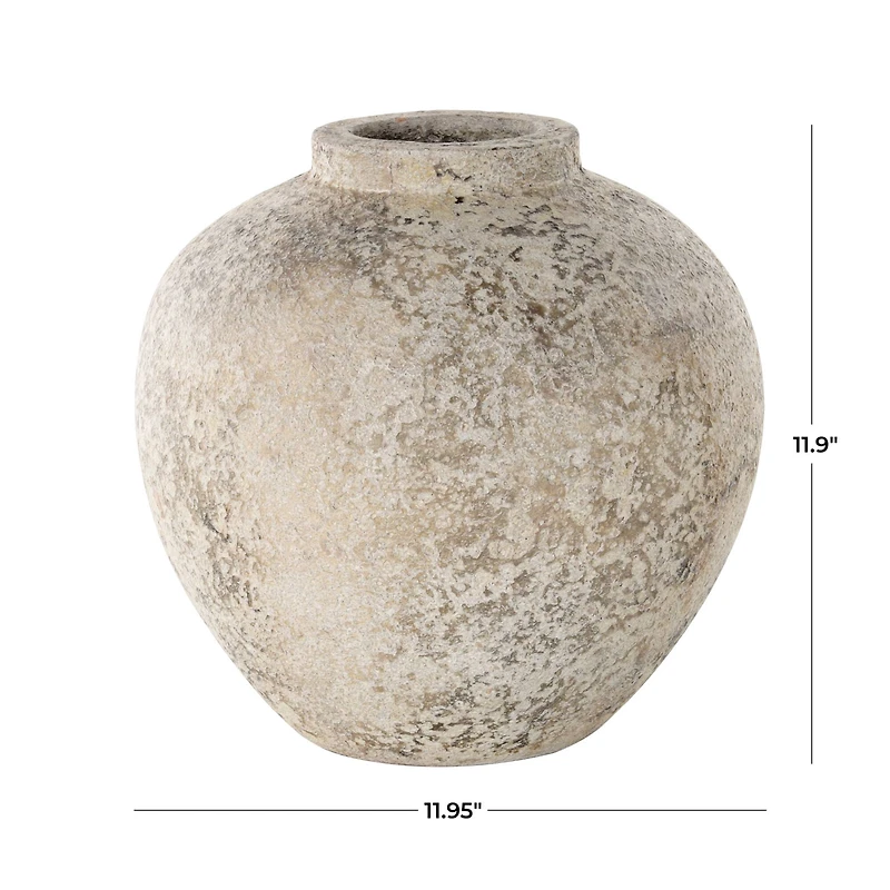 12" Cream Ceramic Antique Style Round Vase with Textured Distressing