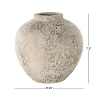 12" Cream Ceramic Antique Style Round Vase with Textured Distressing