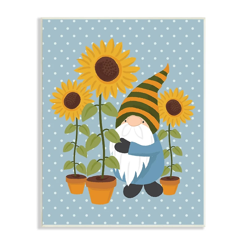 Stupell Industries Sunflower Garden Gnome Striped Hat Blue Polka Dots Wall Plaque