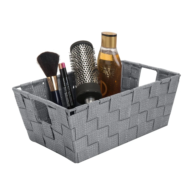Simplify Small Gray/Silver Lurex Striped Woven Storage Bin