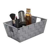 Simplify Small Gray/Silver Lurex Striped Woven Storage Bin