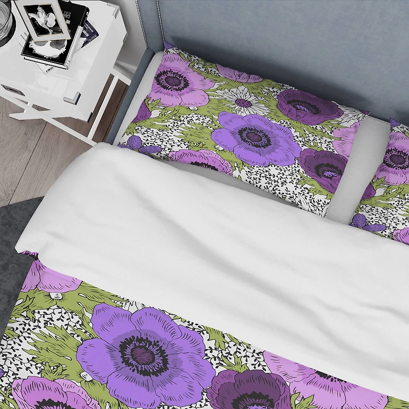 Designart 'Purple Retro Fantasy Flowers' Mid-Century Duvet Cover Set