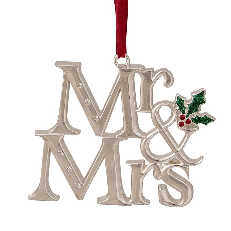 3.75" Silver "Mr & Mrs" with Holly Leaves Ornament