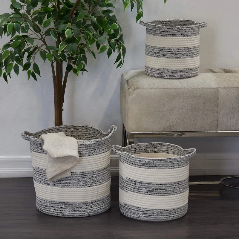 Gray Cotton Handmade Striped Storage Basket with Handles Set of 3 14", 12", 10"