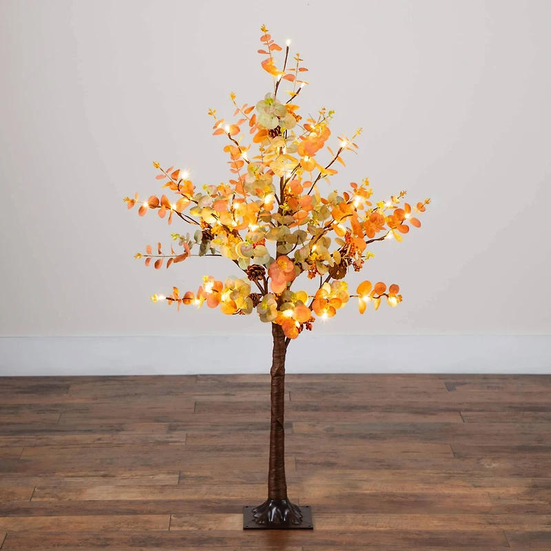4ft. Pre-Lit Autumn Eucalyptus Artificial Fall Tree with Pinecones, Berries and 60 Warm White LED Lights