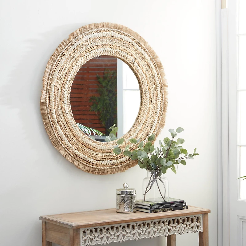 Beige Boho Style Wood Wall Mirror