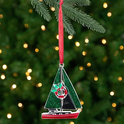 Sailboat with Holly Life Preserver Christmas Ornament - 3.25"