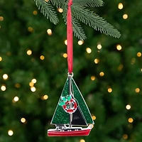 Sailboat with Holly Life Preserver Christmas Ornament - 3.25"