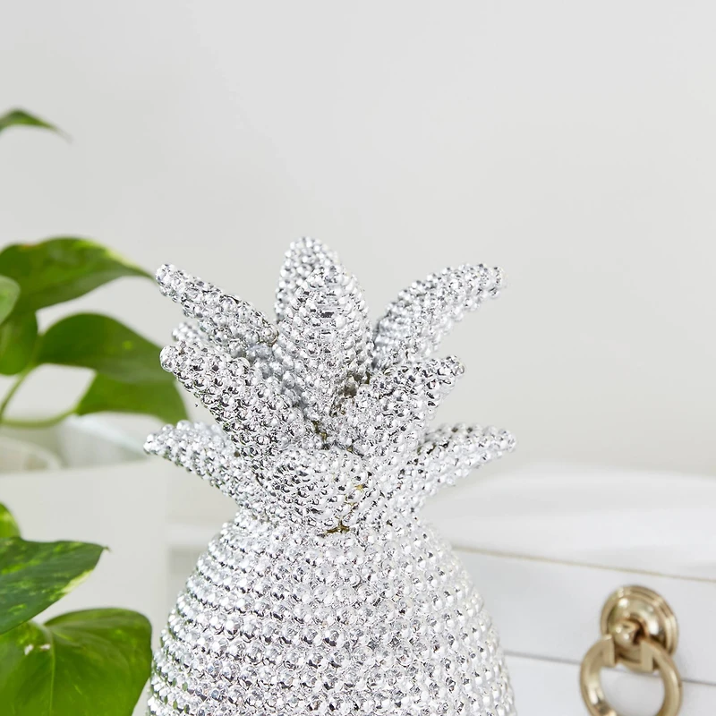 Silver Polystone Glam Pineapple Sculpture, 12" x 6" x 6"