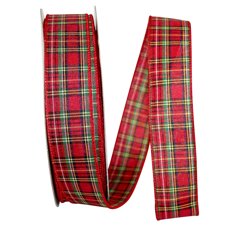 JAM Paper 1.5" x 50yd. Traditional Wired Edge Value Plaid Ribbon