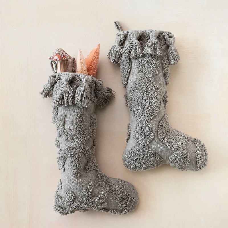 Hello Honey® 20" Gray Cotton Slub Stocking with Tufting & Tassels, 2ct.