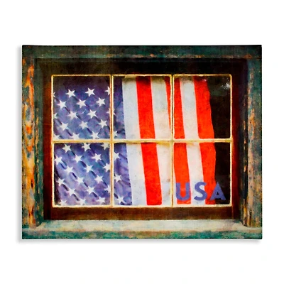 Stupell Industries Patriotic American Flag Rustic Window Festive Home Canvas Wall Art