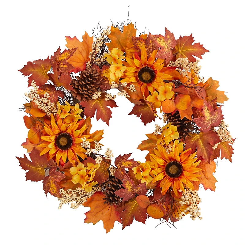 28" Autumn Maple Leaves, Sunflower, White Berries & Pinecones Wreath