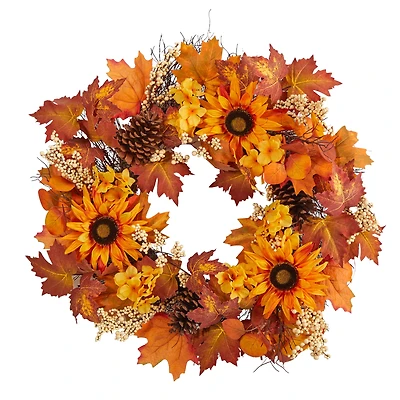 28" Autumn Maple Leaves, Sunflower, White Berries & Pinecones Wreath