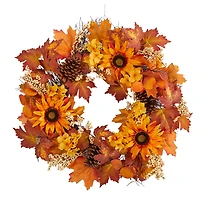 28" Autumn Maple Leaves, Sunflower, White Berries & Pinecones Wreath