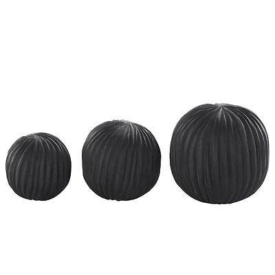 Black Teak Wood Carved Orbs Set