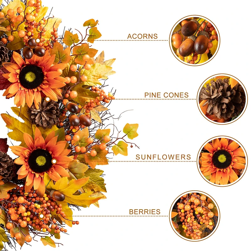 Glitzhome® 24" Fall Sunflower, Maple Leaf &  Berry Wreath