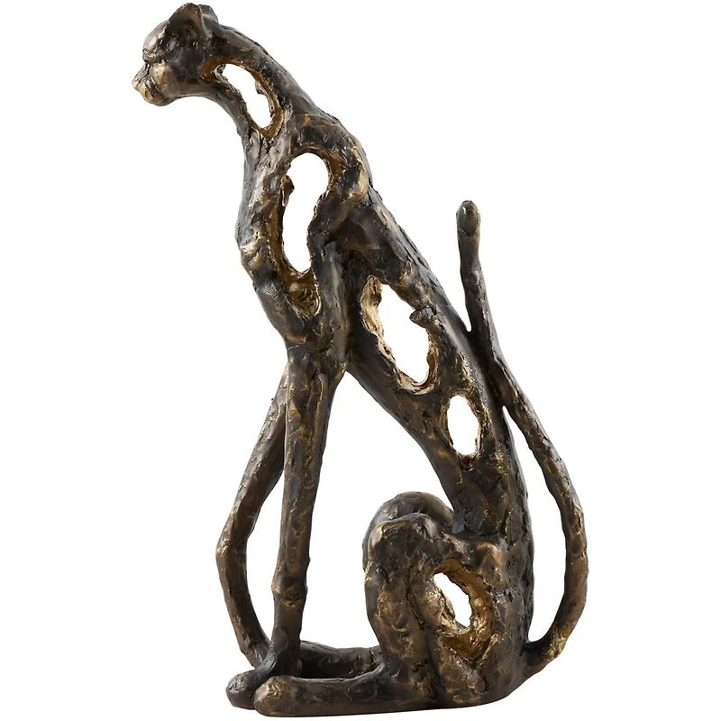 19" Bronze Polystone Distressed Textured Sitting Leopard Sculpture with Cutouts & Gold Accents