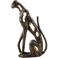 19" Bronze Polystone Distressed Textured Sitting Leopard Sculpture with Cutouts & Gold Accents